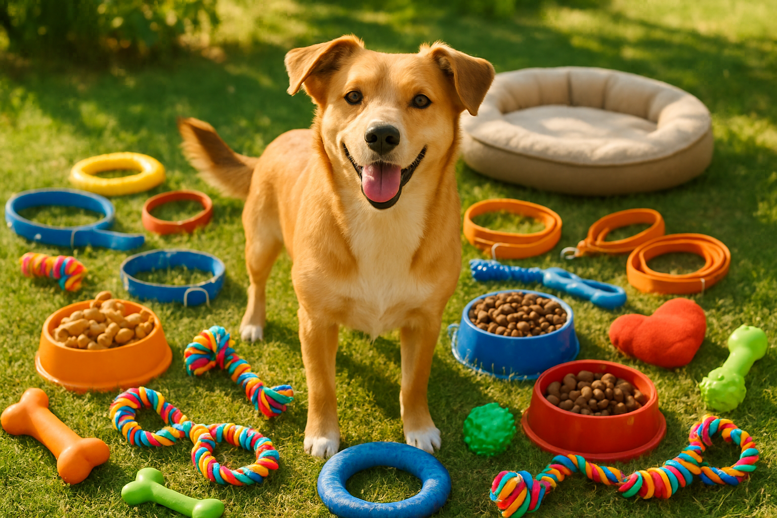 beautiful animals thats around alot of toys and food and accessories standing there under the sun 